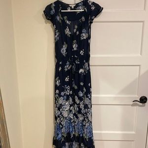Lucky Brand Blue Floral High Low Maxi  with Flutter Sleeves & Cinched Waist